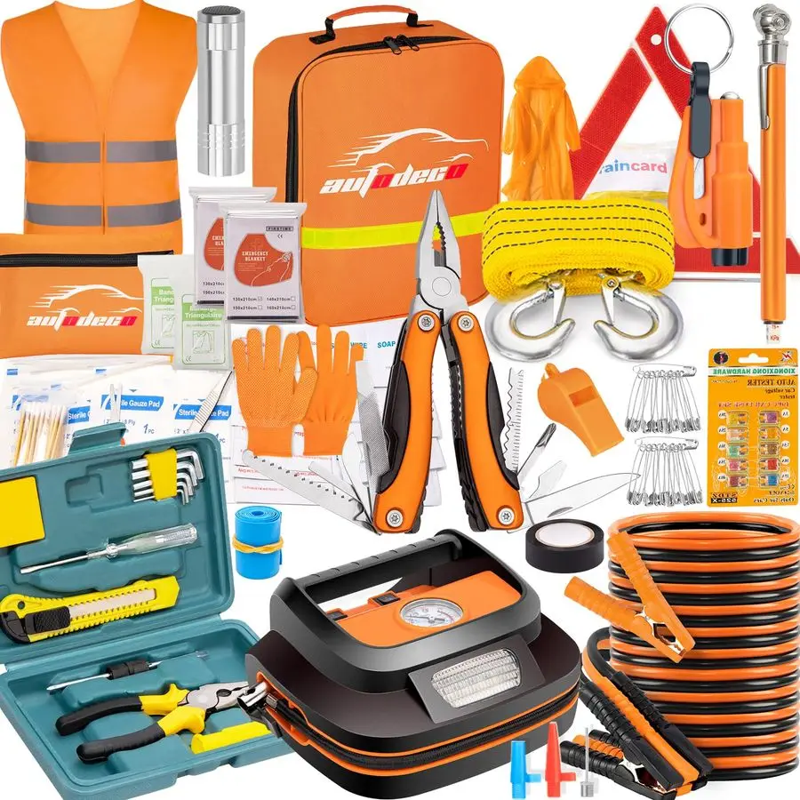 

131 Pieces Car Emergency Safety Kit Bag with Air Compressor Jumper Cable Tire Pressure Gauge Roadside Emergency Car Kit for Vehi