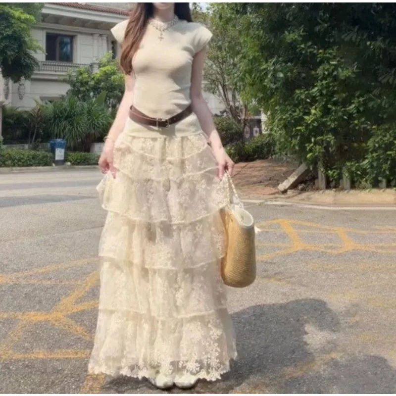 Korean Atmosphere Beige Knitted Sweater Top Women's Matching Layered Lace Splicing Cake Long Skirt Two-piece Set