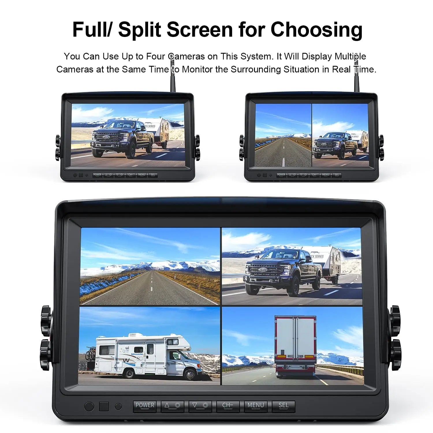 Telecamera di backup wireless 1080P IP68 Impermeabile Monitor a doppio schermo diviso da 9 pollici con linee di parcheggio Registrazione su scheda SD per camion RV