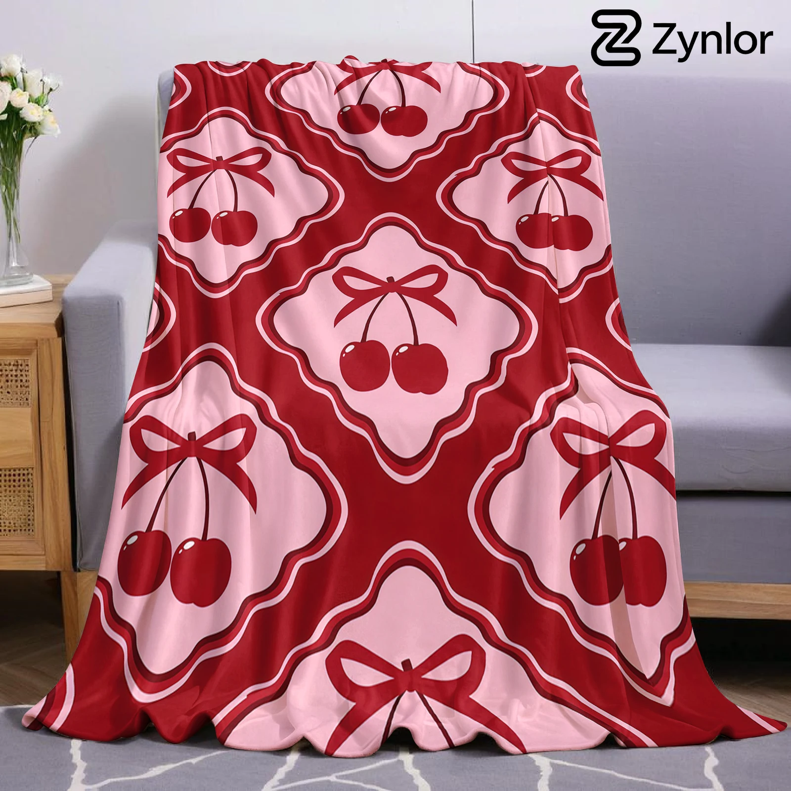 Red Frame Cherry Bow Lightweight Microfiber Soft Christmas Fleece Blanket Warm Cozy Throw for Bed Sofa Office Travel All Season
