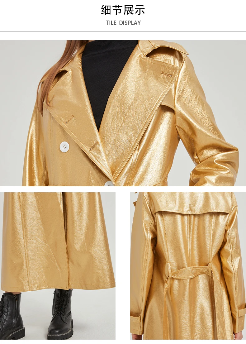 Lautaro Spring Autumn Extra Long Gold Shiny Pu Leather Trench Coat for Women Sashes Double Breasted Luxury Europe Fashion 2024