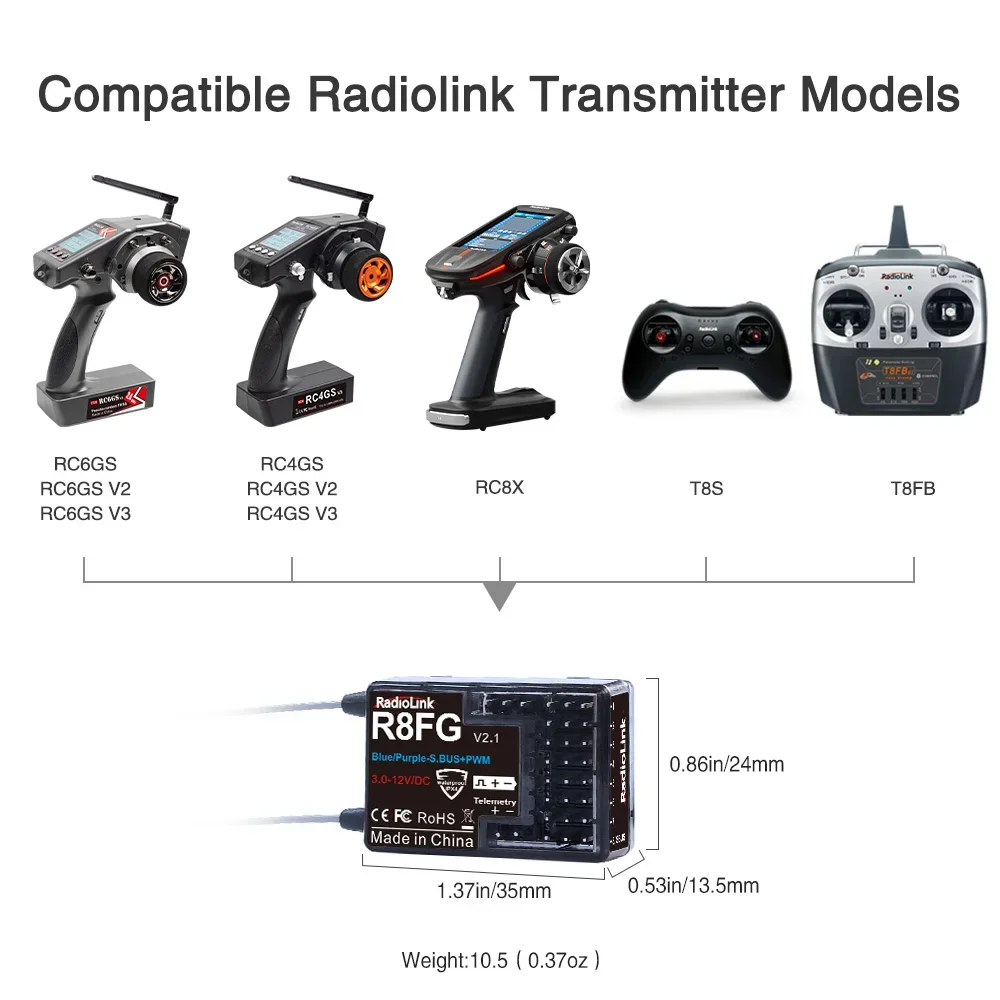 Radiolink R8FG 8-kanałowy odbiornik 2.4G Gyro RC Napięcie powrotne 600 metrów Daleki zasięg RX do samochodu Łódź RC8X RC6GS RC4GS T8S T8FB