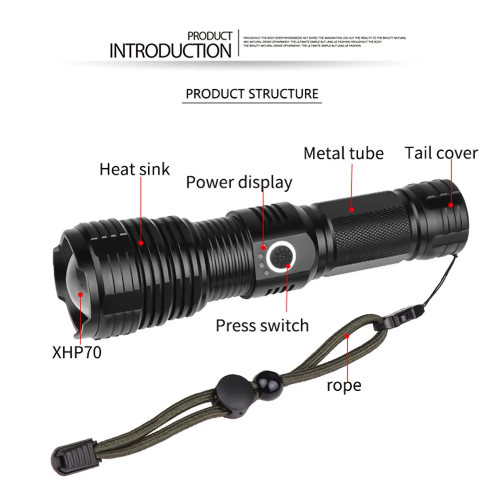 XHP70.2 Most Powerful Flashlight USB Rechargeable Waterproof Zoom Led Torch 18650 or 26650 Battery Lanterna for Camping Outdoors