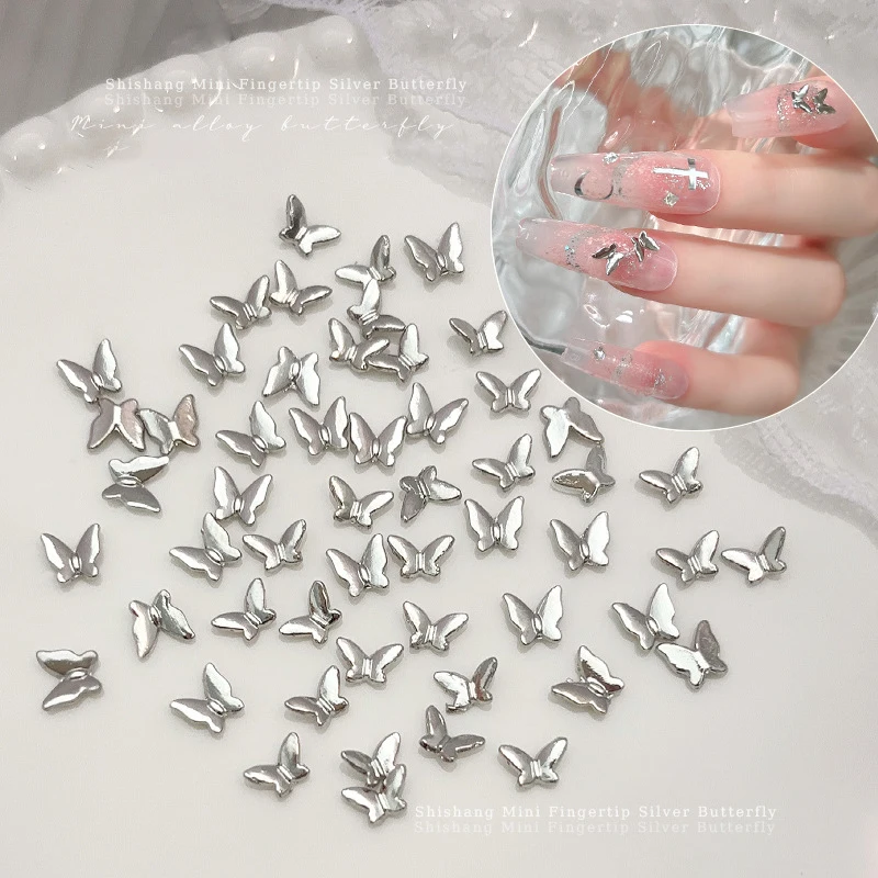 50pcs Mini Butterfly Nail Accessories Silver Alloy Diamond Metal 3D Fingertip Tiny Butterfly Diamond Charms Decorations