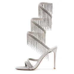 Gittering Rhinestone Tassels Women Strappy Sandals Silver Crystal Open Toe Thin Heels Cross S Shape Wedding Evening Shoes