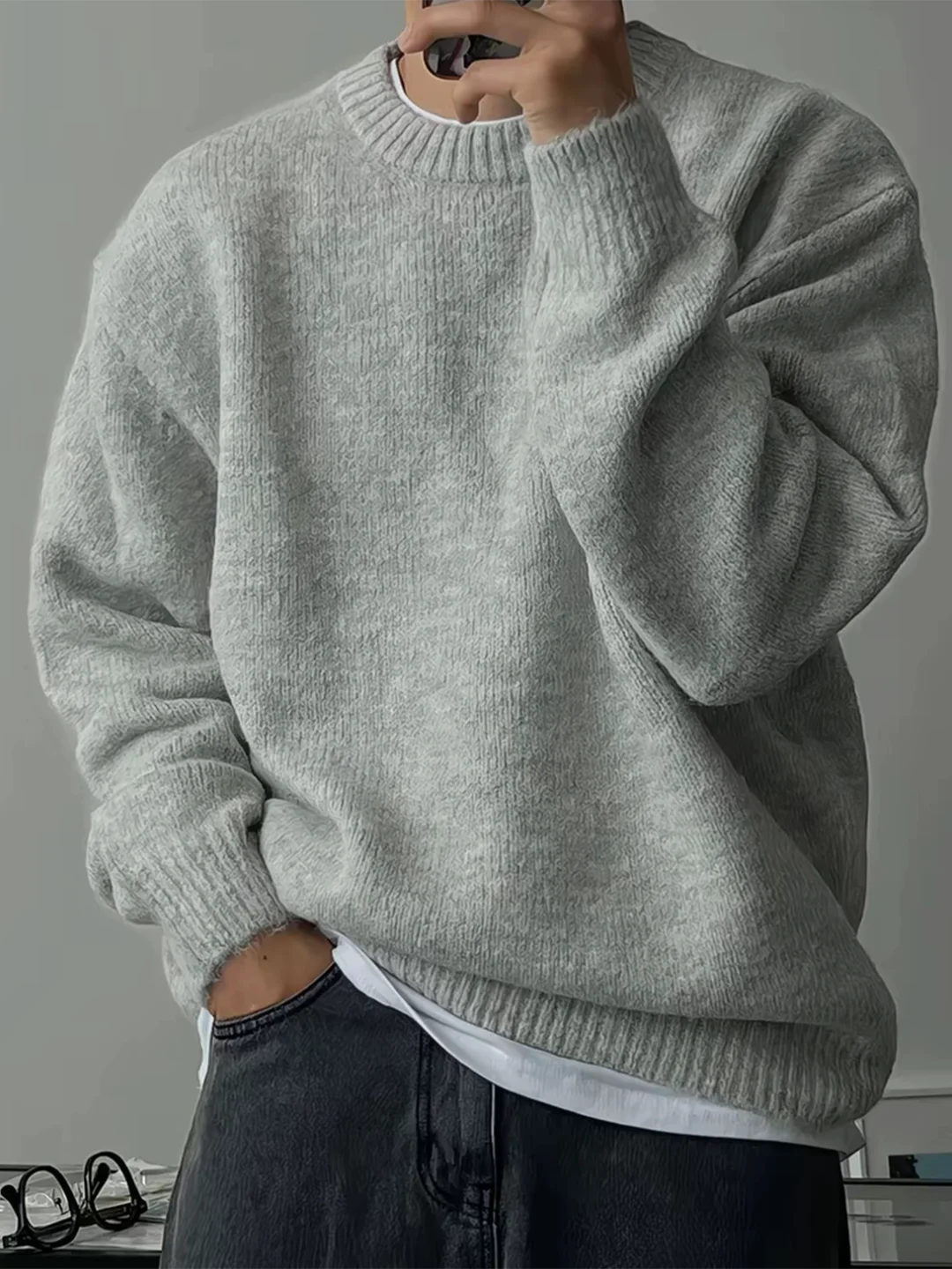 Light Grey round Neck Knitwear Men's Autumn Casual Loose Comfortable Warm Inner Wear Sweatshirt Soft Pure Color Long Sleeve
