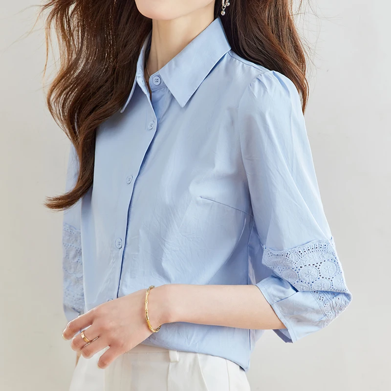 

QOERLIN Blue White Shirts Women OL Turn-Down Half Sleeve Lace Embroidered Hollow Out Solid Office Ladies Elegant Blouse Tops