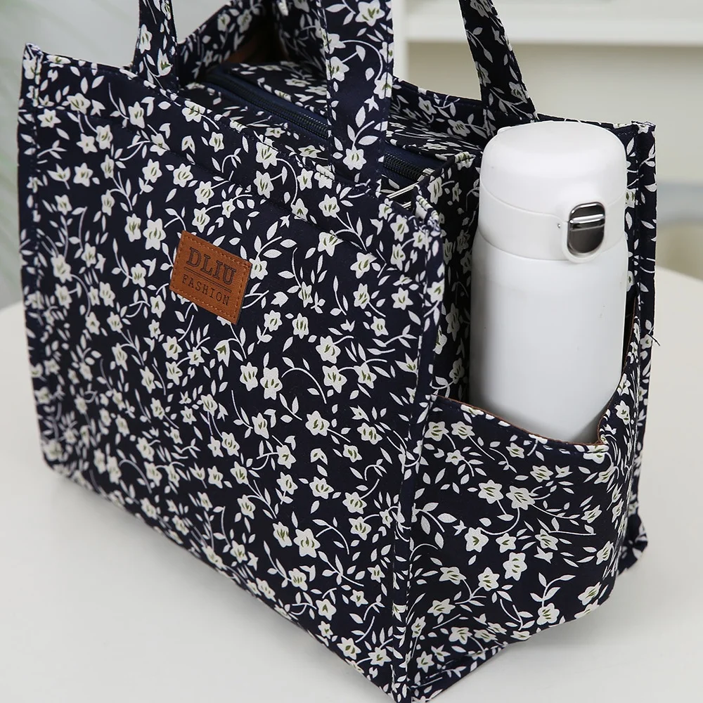 Neue Handtasche aus verdicktem Stoff mit Blumenmuster, Lunch-Tasche, tragbare Lunchbox-Aufbewahrungstasche, Reißverschluss-Design, multifunktionale Tragetasche – Detail 10