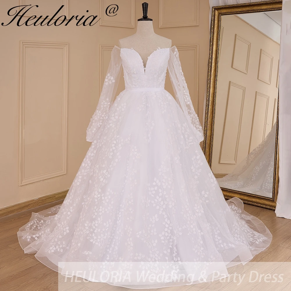 HEULORIA elegant Wedding Dress off shoulder puff sleeve A Line bride dress robe de mariee 3D floral  Bridal Gown