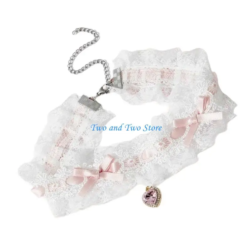 

HX6F Crystals Embellished Bowknot Lace Necklace Adjustable Collarbone Jewelry Gift