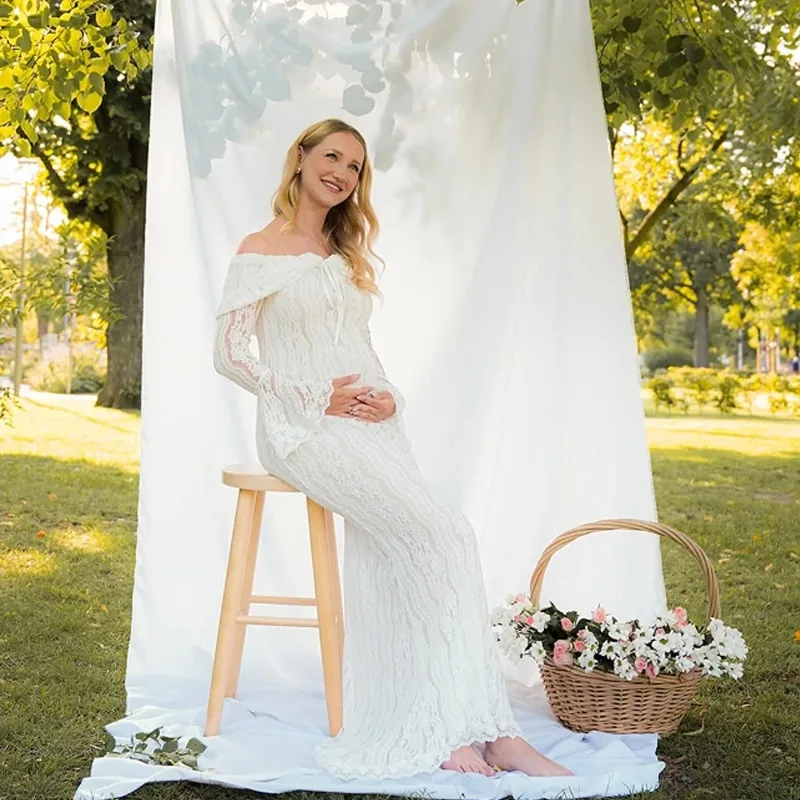 Ausgeschnittenes, elastisches, schulterfreies Kleid mit ausgestellten Ärmeln, Baby-Shower-Kleid, Fotografie-Kleid für Schwangere, Spitzen-Umstandskleid