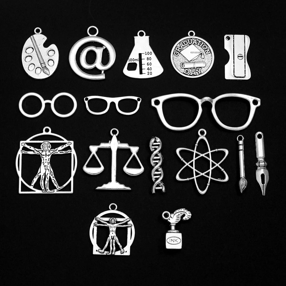 10/20pcs/lot Vintage Back To School Charms Graduation Hat Notebook Chemistry Glasses Pendants For Diy Jewelry Making Supplies