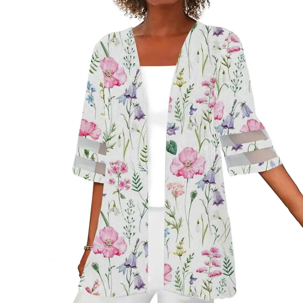 Women Cardigan Vintage Mesh Patchwork Mid Length Jacket for Women Flower Print Half Sleeves Cardigan Loose Fit Fall Coat Lady