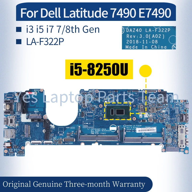 LA-F322P For Dell Latitude 7490 E7490 Laptop Mainboard 0CWDR5 02XPCX 01Y9NR 01RP9W 0PXMYG i3 i5 i7 7/8th Notebook Motherboard