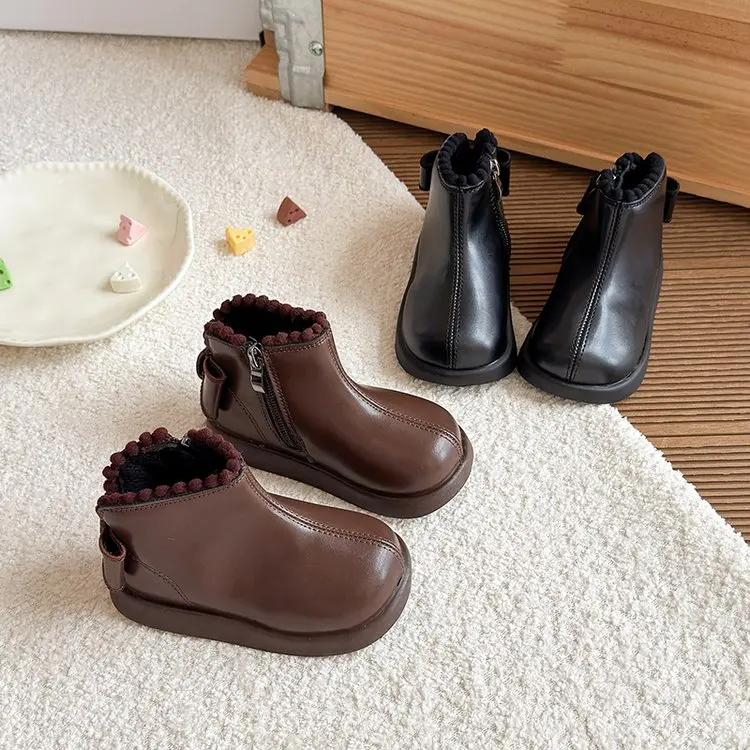 

2025 Children Ankle Short Boots for Girls Winter New Princess Sweet Bowtie French Style Lace Fashion Comfortable Leather Shoes
