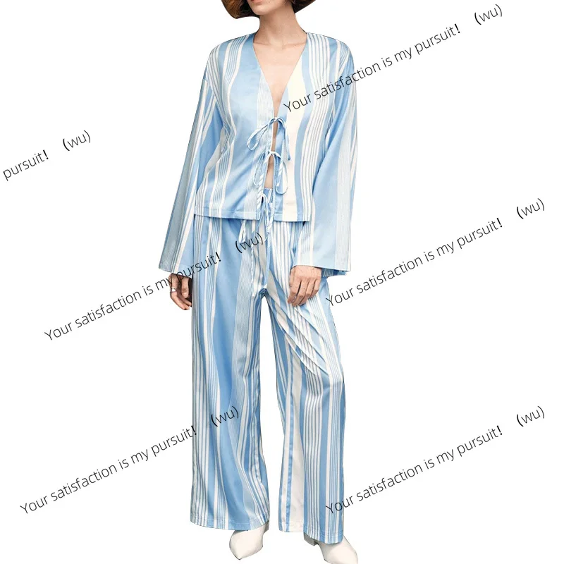 Autumn European and American temperament striped long-sleeved shirt straight trousers set pajamas two-piece set