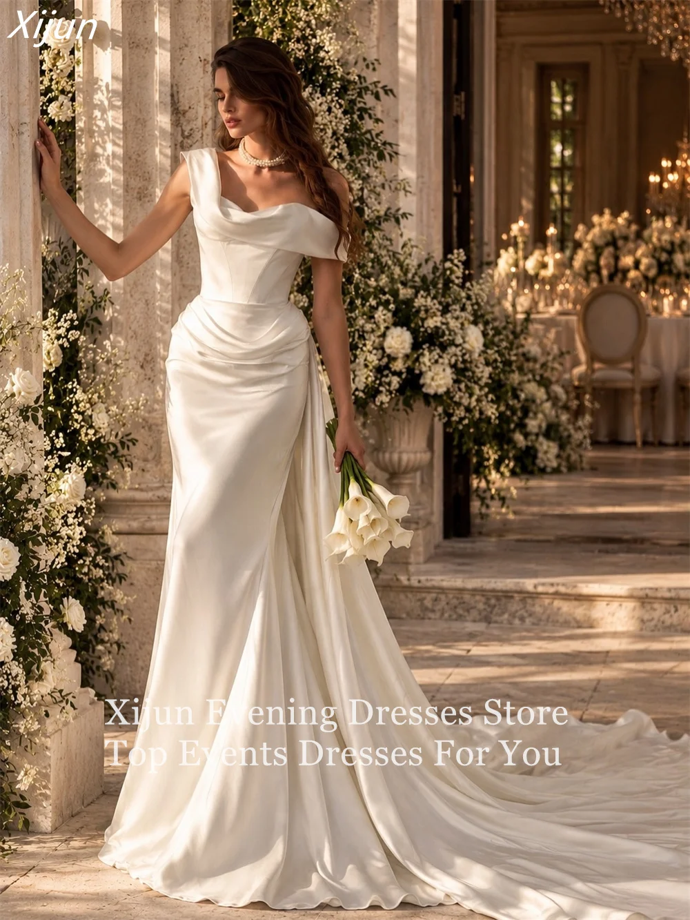 Xijun Classic Satin Mermaid Civil Wedding Dress One Shoulder Women's Wedding Dresses Pleat Ruched Bridal Gown 2026 Customized