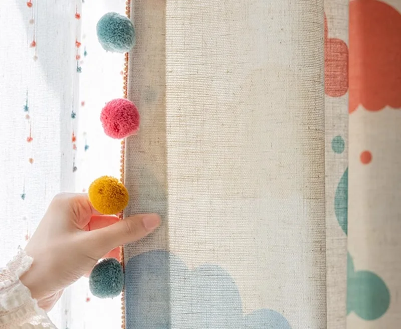 Modern Cute Rainbow Cloud Linen Blackout Curtains Dopamine Color Curtain for Kids Room Boys Girls Bedroom Privacy Window Curtain