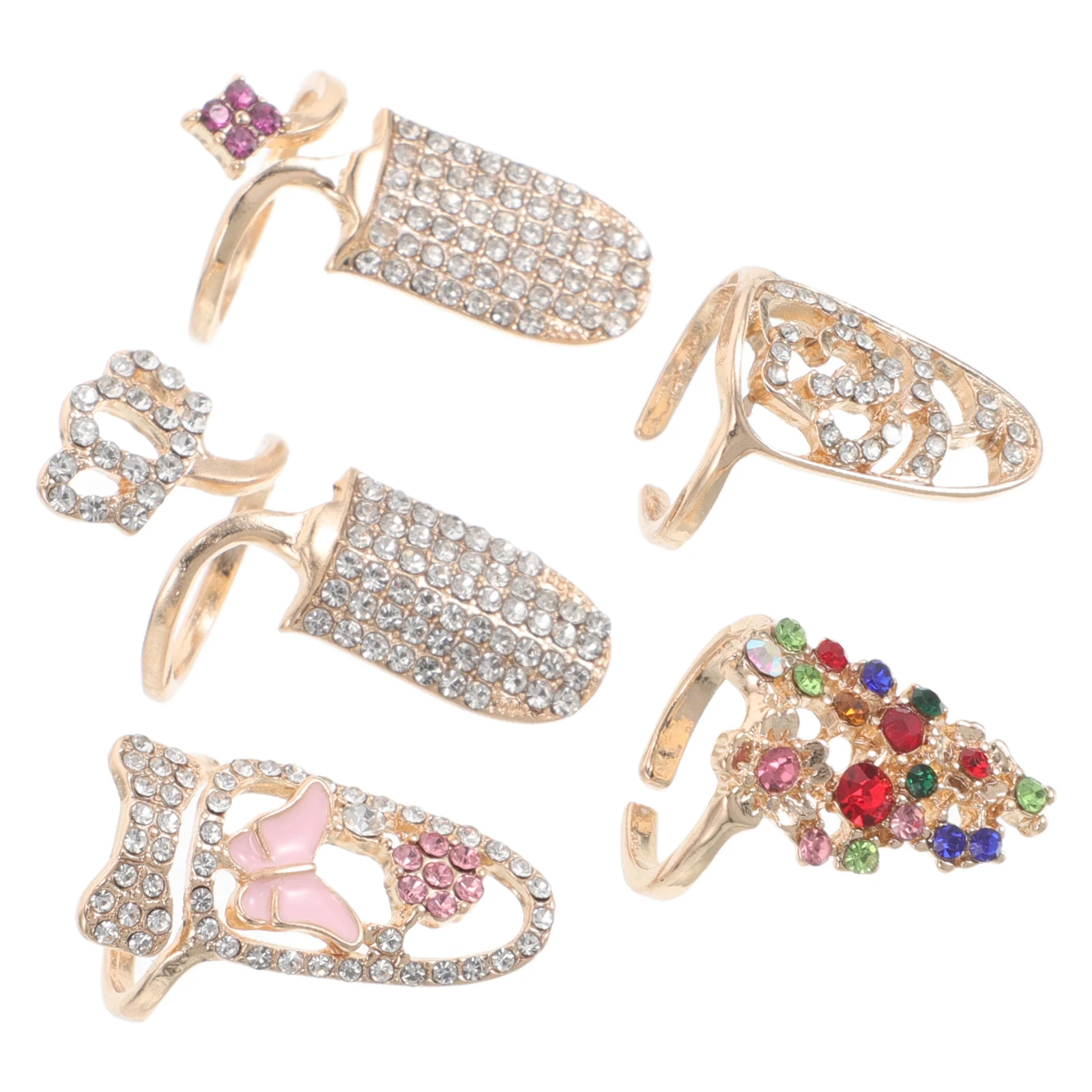 

5Pcs Women Zinc Alloy Fingertip Nail Rings Open Ring Style Hollow Butterfly Design Fashion Forward