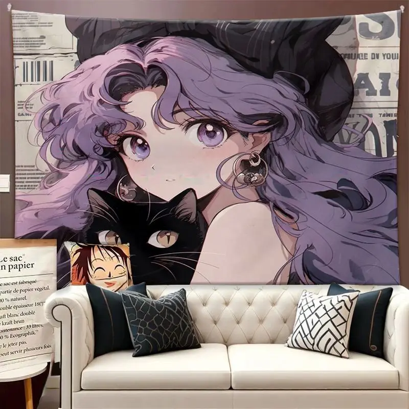 VIKAMA 90s Anime Newspaper Collage Tapestry Purple Hair Girl Wall Hanging Retro Cool Bedroom Aesthetic Polyester Decor
