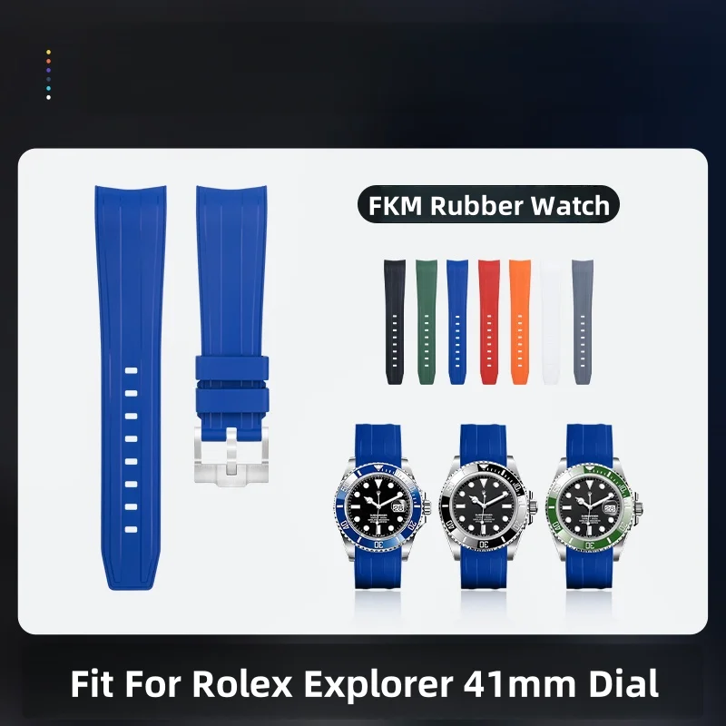 21mm For Rolex Explorer 2 fkm Rubber Watch Strap 41mm Dial Curved End Design No Gap Fluorubber  Watch Band