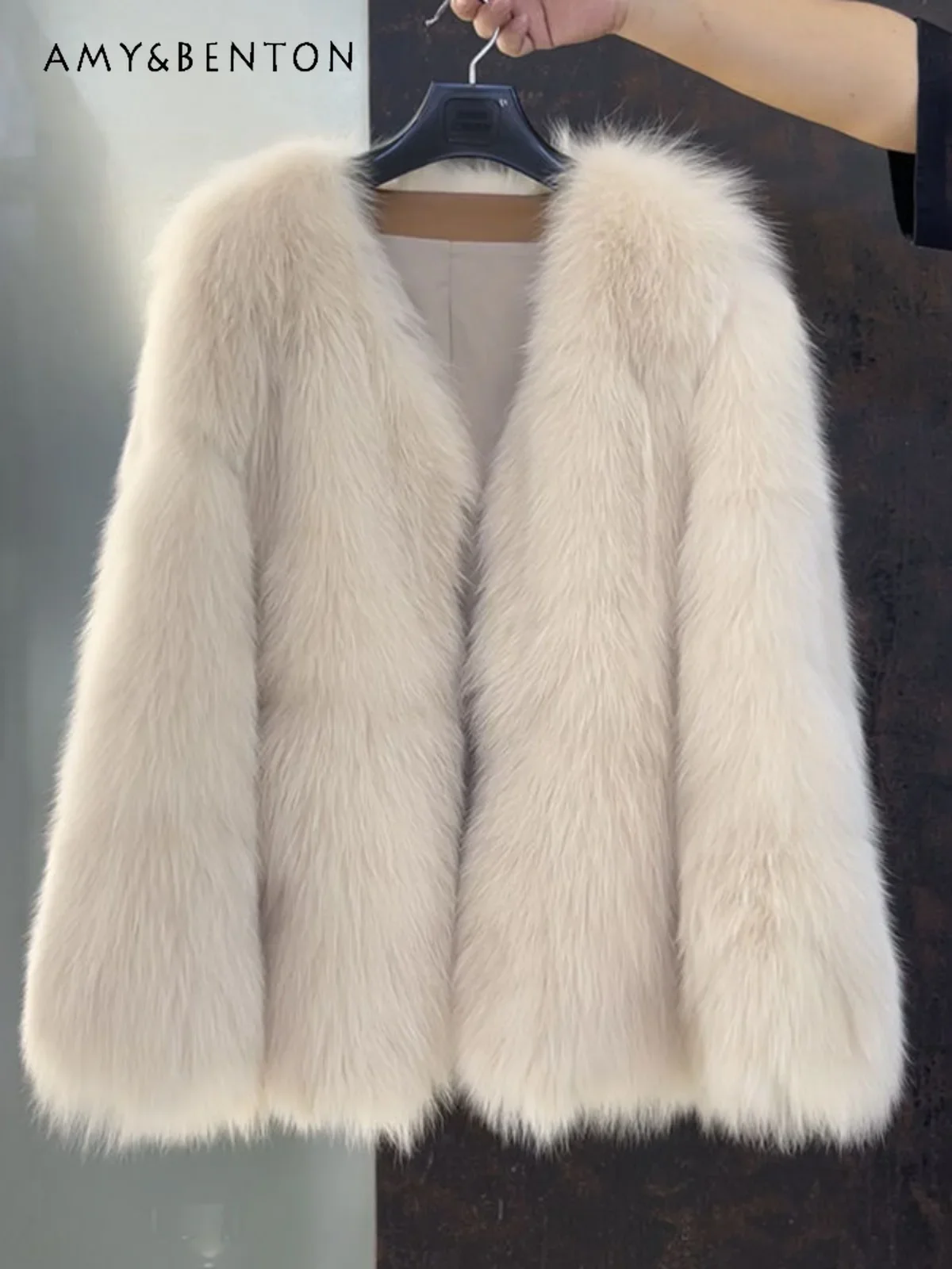 High End Temperament Socialite Mid-length V-neck Simple Imitation Fox Fur Jacket Women Winter Fashion Thickened Warm Faux Fur