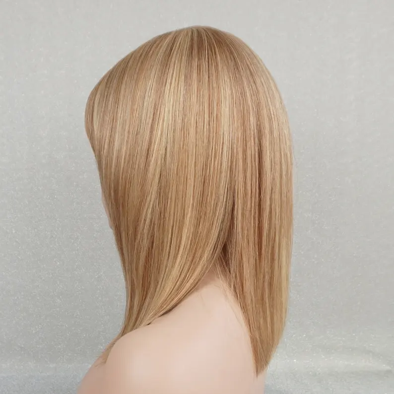 Blonde Menschenhaar volle Perücke Kappe Dichte 12 in mittellanger Bob Cut leimlose Perücke mit Knall blonde Highlights Perücke für Frauen