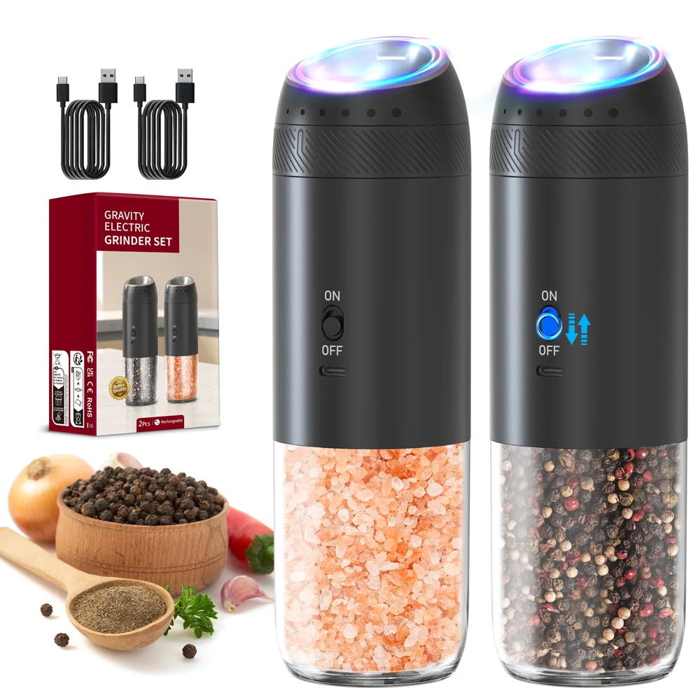 176ML Large Capacity Electric Salt and Pepper Grinder USB Rechargeable Gravity Grinding Spice Mills Pepper Grinders Set