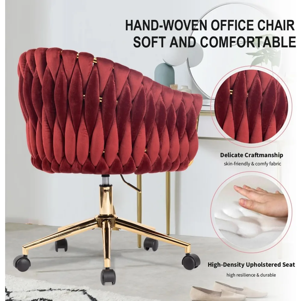 كراسي مكتب مخملية أنيقة بأرجل ذهبية، ارتفاع قابل للتعديل، عجلات، مصممة للنساء، بالإضافة إلى كراسي بذراعين مصنوعة يدويًا #4