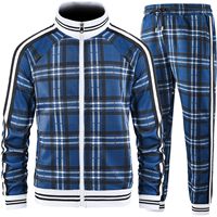 New Spring Autumn Plaid Printed Mens Zipper Jacket Sports Wear Sweatshirt Casual Outdoor Sports Checks Tracksuit Coat+Pant Set