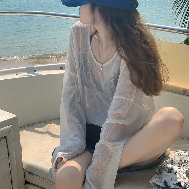 Women Long Sleeve T-shits Tee Summer Clothes 2024 New Korean Dongdaemun Style Female Fashion See Through White Loose Tops