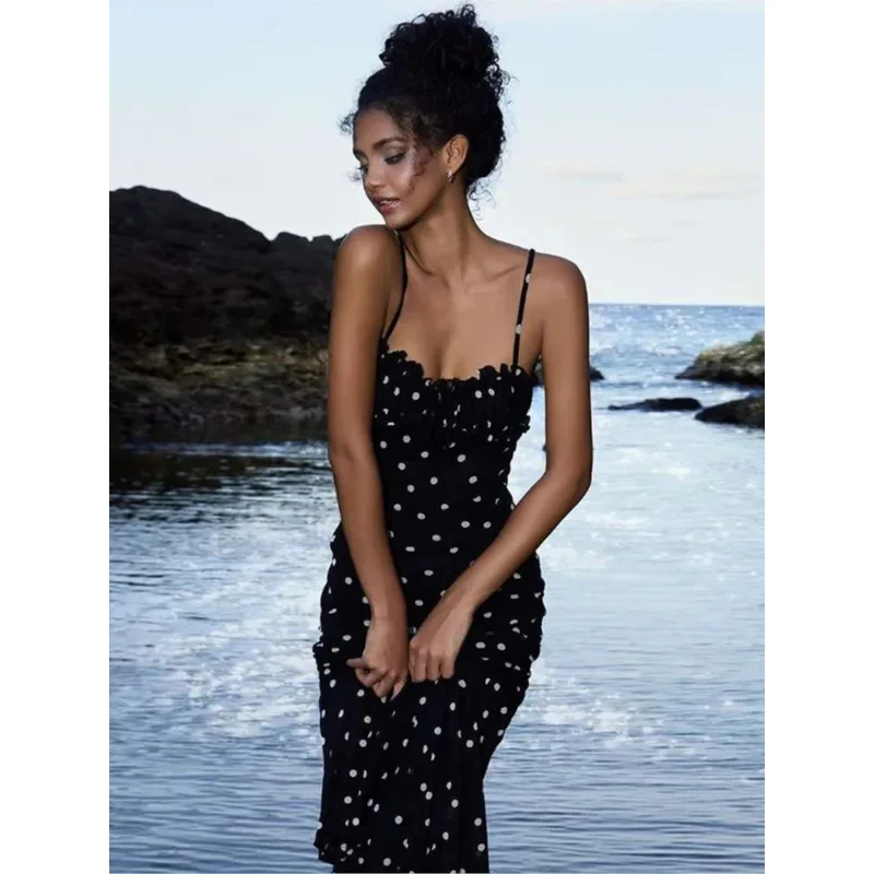 Robes à bretelles Spaghetti imprimées à pois pour femmes, tempérament français, Sexy, coupe basse, dos nu, paquet de hanches, robe moulante, été