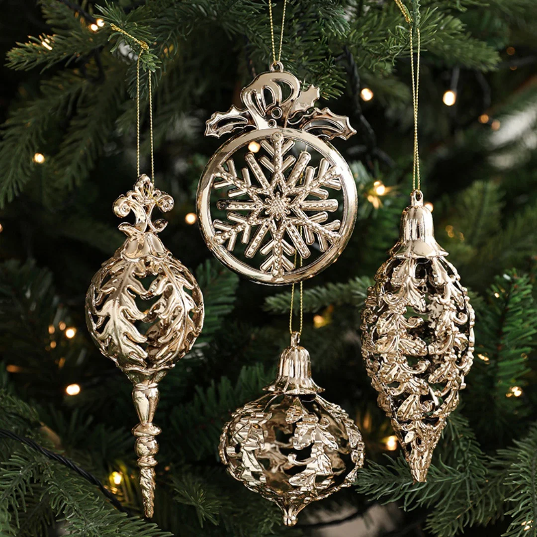 Ornements d'arbre de Noël plaqué or, décoration dorée, wapiti nickel é, flocon de neige, nœud papillon, étoile, fête du Nouvel An