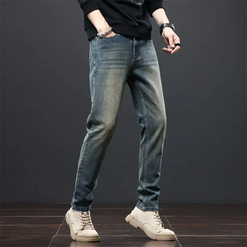 

New Spring Men Fashion Vintage Distressed All-match Jeans Slim Comfortable Elastic Force Trend Yellow Mud Color Cowboy Trousers