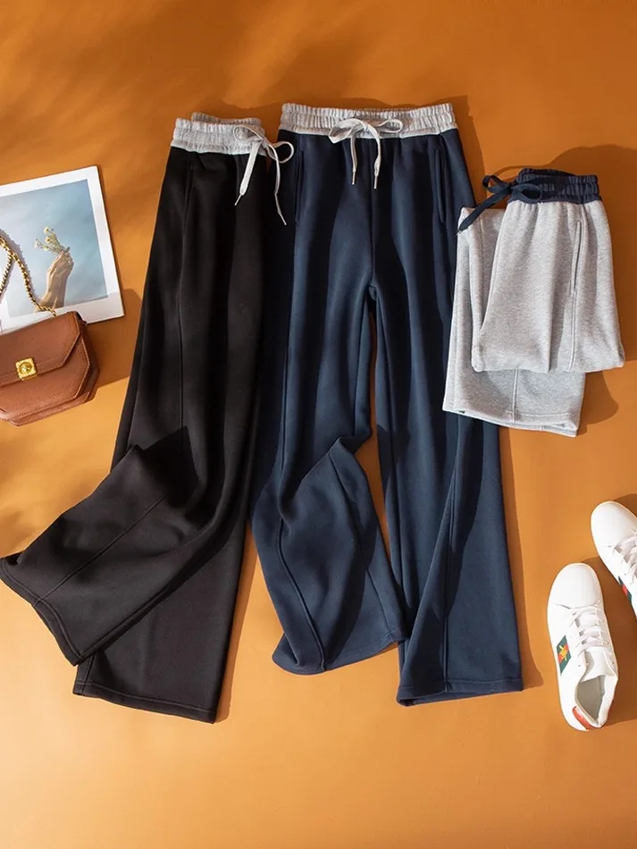 

Теплые широкие брюки для женщин, зимние модные повседневные прямые брюки с цветными вставками, с высокой талией, длинные штаны