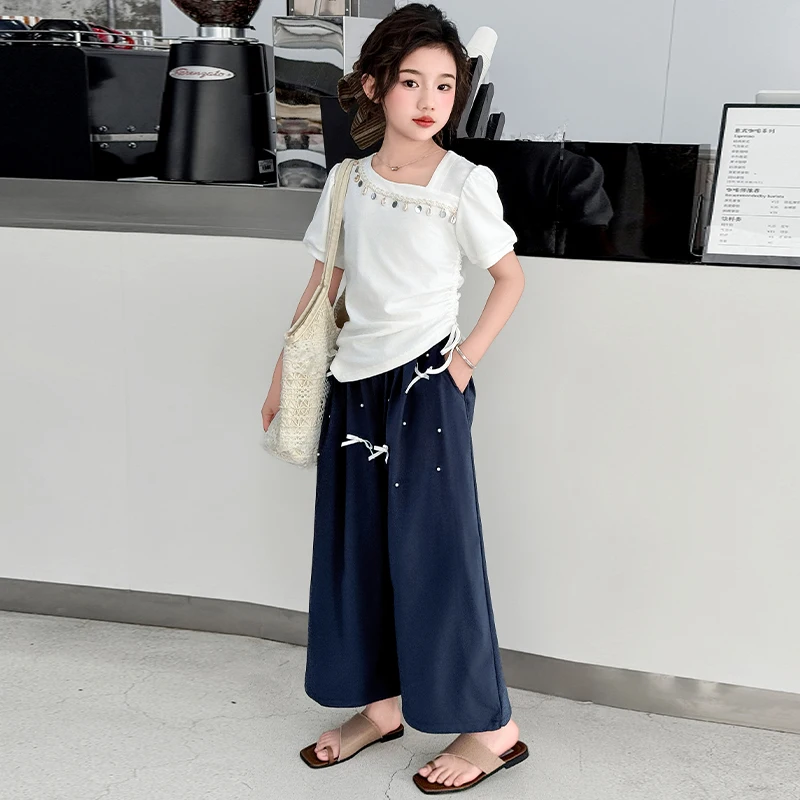 New Kids Designer Summer Asymmetrical Collar T-shirt And Cropped Pants 2 Pieces Clothing Set For Girls Child Fashion Streetwear