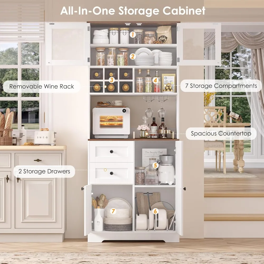 خزانة بار القهوة بطول 75 بوصة مع خزانة، وخزانة تخزين مخزن المطبخ مع باب الحظيرة ودرجين، ورف النبيذ والنظارات، #6