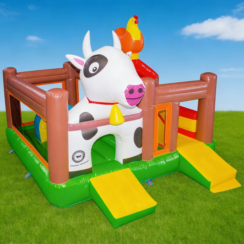 Douerfei Farm Milk Cow Eco-Friendly PVC 0.55mm Cartoon Inflatable Bounce House Trampoline Set Slide 5x6m 30 Persons Capacity