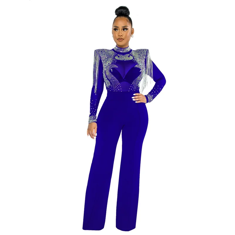 Sheer Mesh Patchwork Rhinestone Wide Leg Jumpsuit Women Night Club Birthday Outfits Tassel Luxury Sparkly Rompers Combinaisons