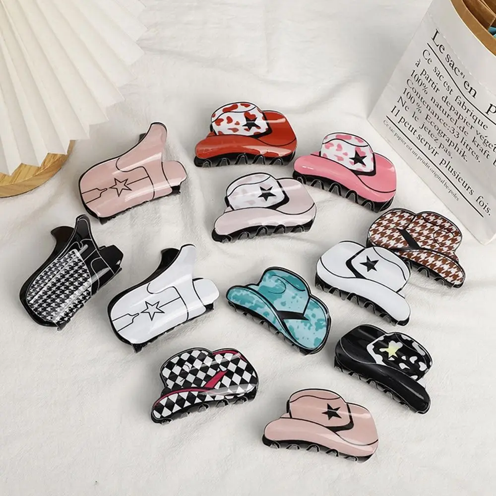 

Hair Clip Cowboy Boots Chessboard Korean Style Headwear Female Hair Accessories Cowboy Hat Grab Clip Rhinestonel Hair Claw