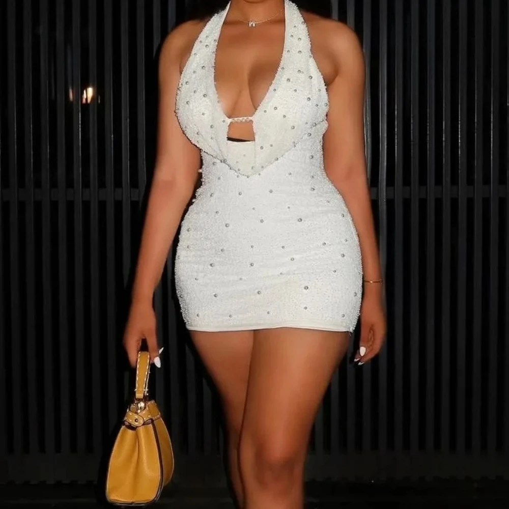 

2025 Sexy Backless Deep V-neck Full Beading Evening Party Short Dresses Chic Suspended Neckline Bodycon Slim Fit Solid Dress