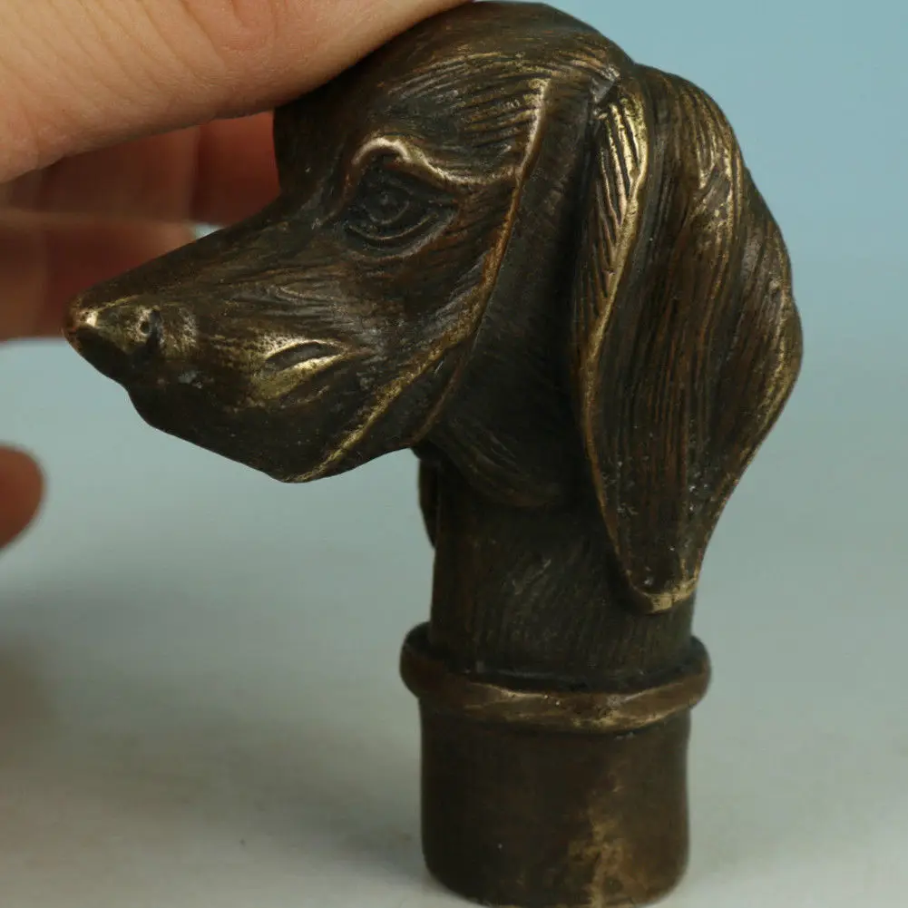 Old Bronze Hand Carved Fierce Dog Statue Walking Stick Head collectable