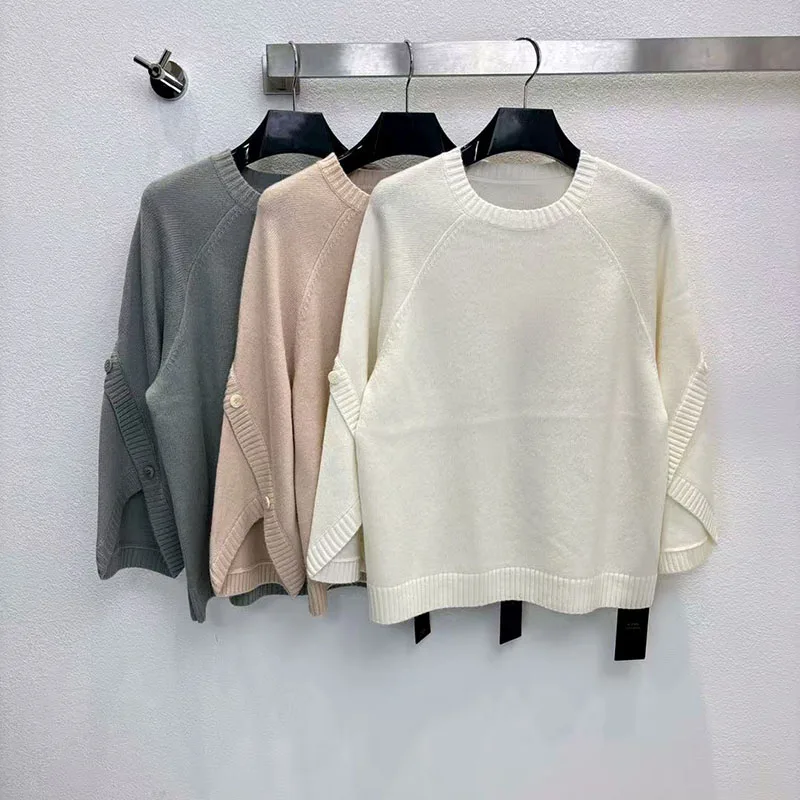 Damski sweter z wełny i kaszmiru, okrągły dekolt, unikalne rękawy zapinane na guziki, stylowy i uniwersalny pulower, sezon jesienny, nowy.