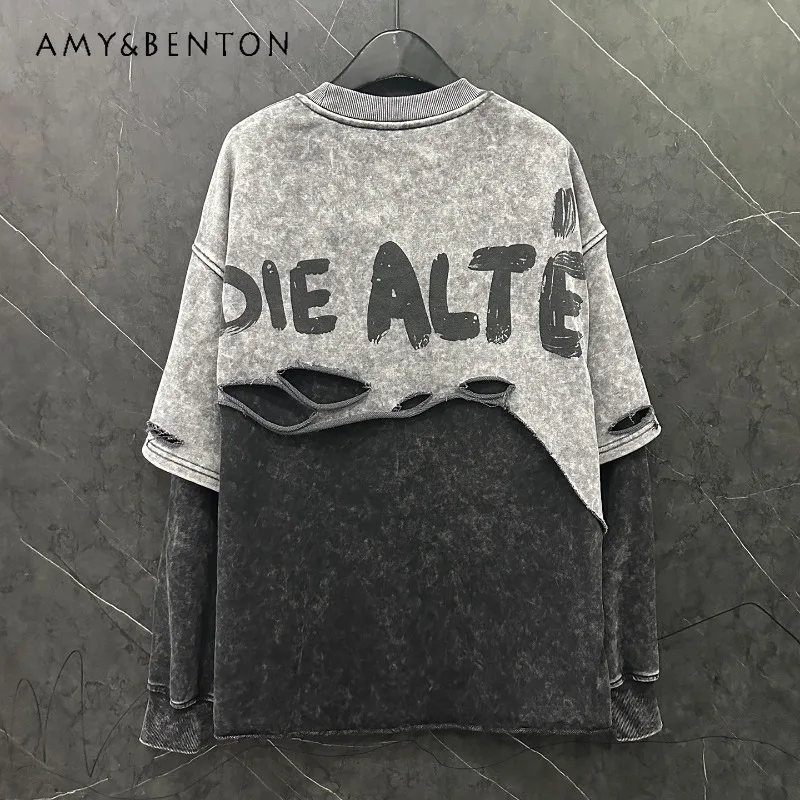 

Heavy Industry Distressed Fake Two-Piece Cartoon O-Neck Sweatshirt Ladies Loose Casual Popular Versatile Top 2025 Autumn Hoodies