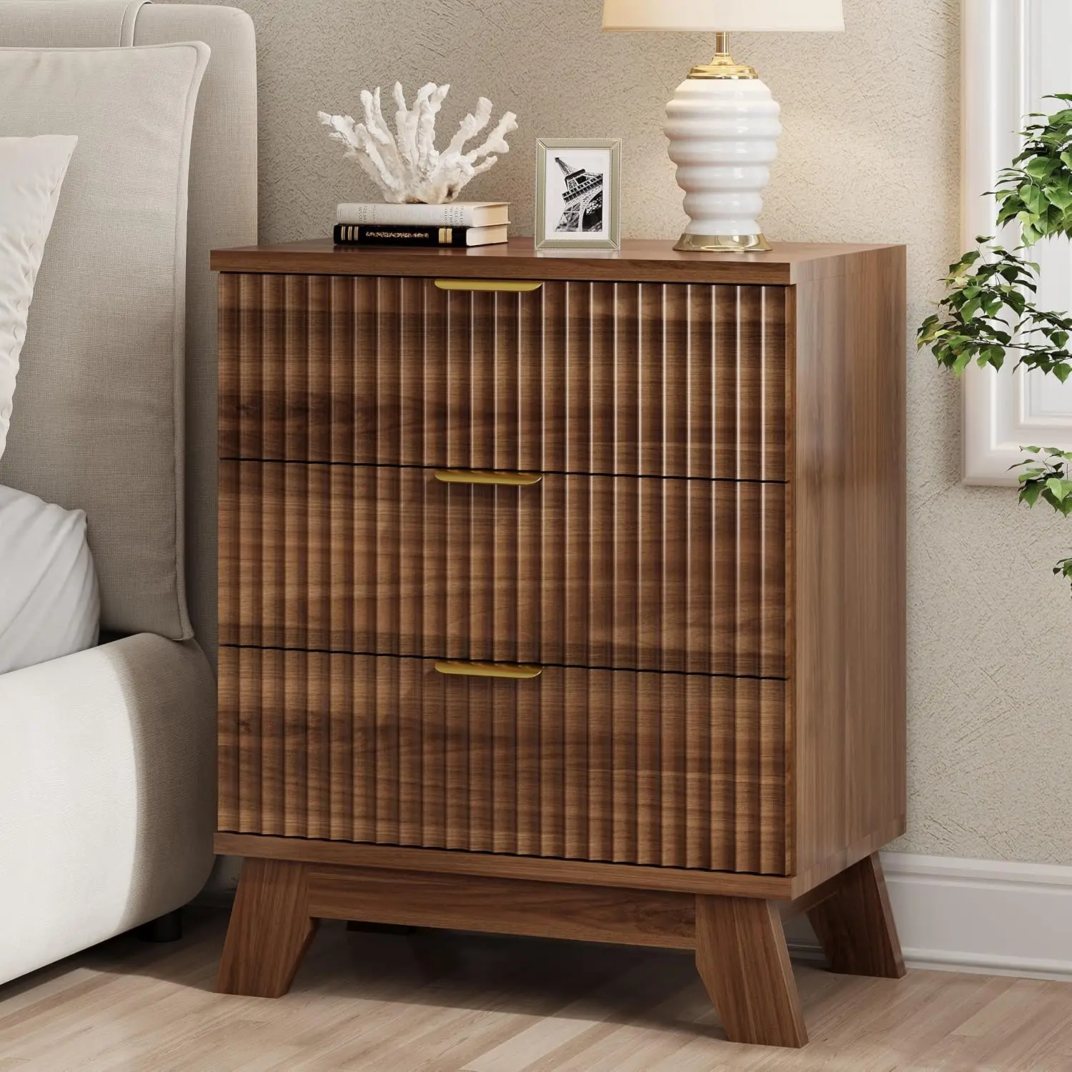 Fluted Nightstand 3 Drawers, Mid Century Modern Wood Side Table Metal Handle, Bedroom Bedside Table Walnut, Customized
