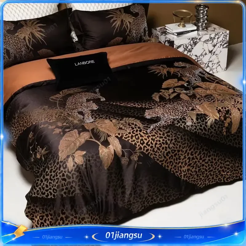 Luxury Leopard Print Jacquard Bedding Set 1000TC Egyptian Cotton Brocade Duvet Cover Quilted Bedspread Pillowcases Home