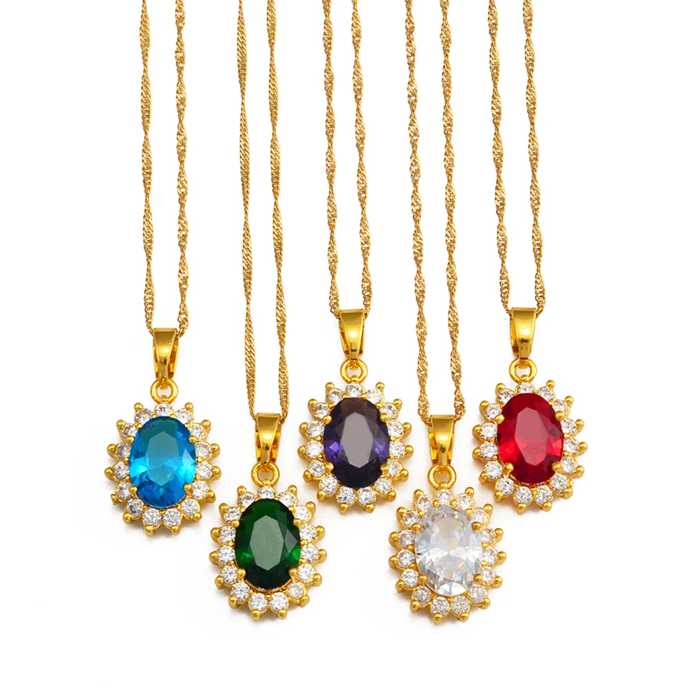 Anniyo RED/GREEN/Purple Colored Stones Pendant Necklaces Women Girl Gold Color CZ Jewelry African Arab Middle East  #238206