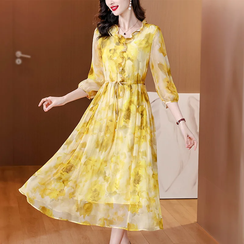 2024 Sommer koreanische Urlaub Mode elegante Midi Kleid neue Luxus Tanz Party Kleid Frauen Boho Strand Blumen Seide lässig Vestidos