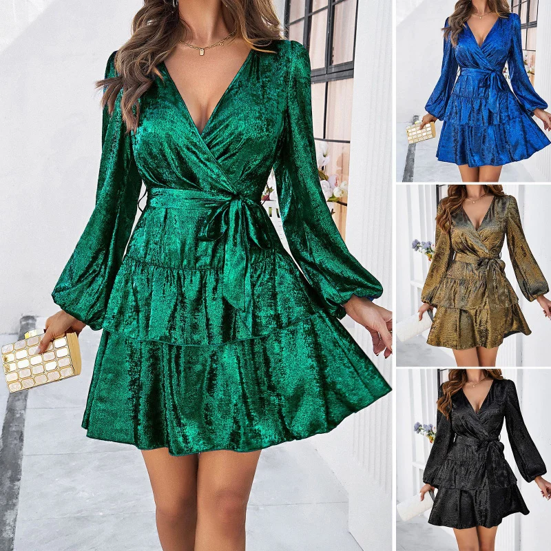 

DY-Women's Clothing2024Spring and summer sexyvCollar Lace-up Puff Sleeve Dress