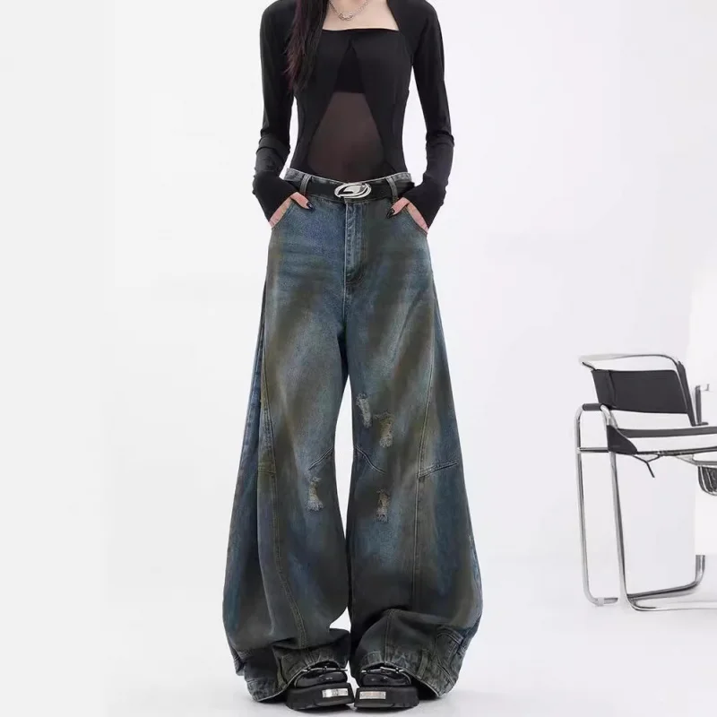

KELAmerican Retro Washed Straight Ripped Inverted Jeans for Women with a Sense of Design Loose Wide-Leg Dirty Pants